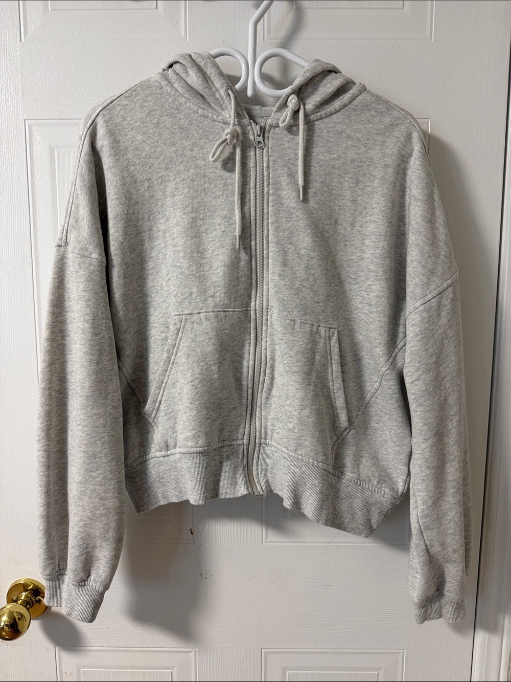 Light Gray Zip-Up Hoodie with Drawstring Hood